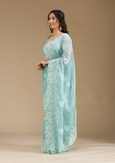 Sea Green Stonework Tissue Saree-Koskii