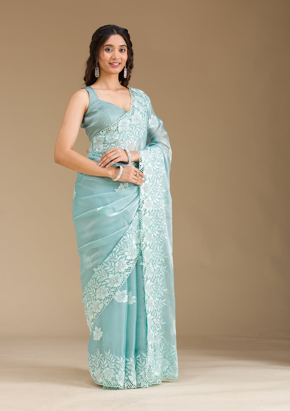 Sea Green Stonework Tissue Saree-Koskii