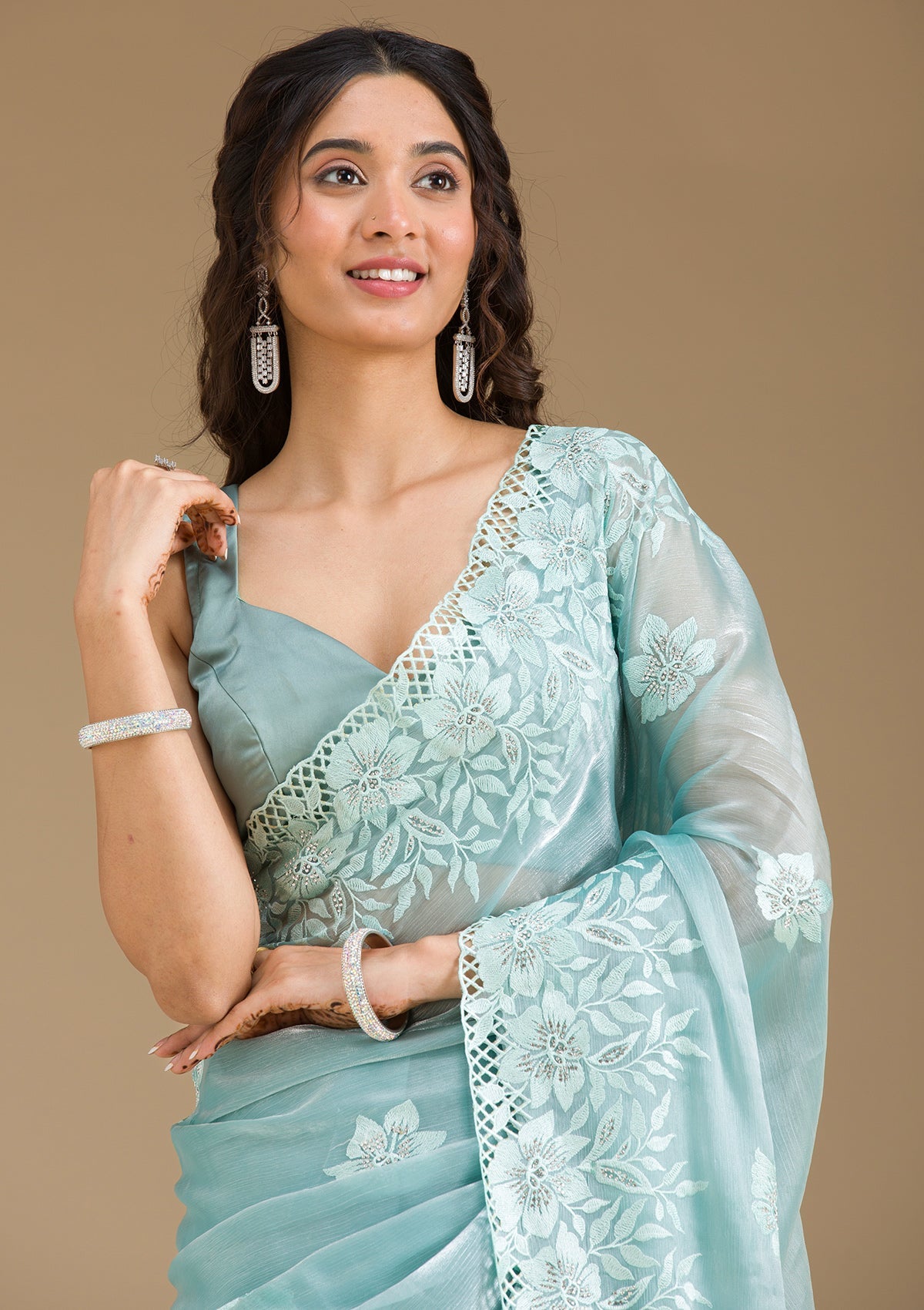 Sea Green Stonework Tissue Saree-Koskii