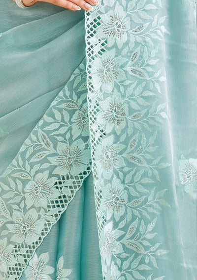 Sea Green Stonework Tissue Saree-Koskii