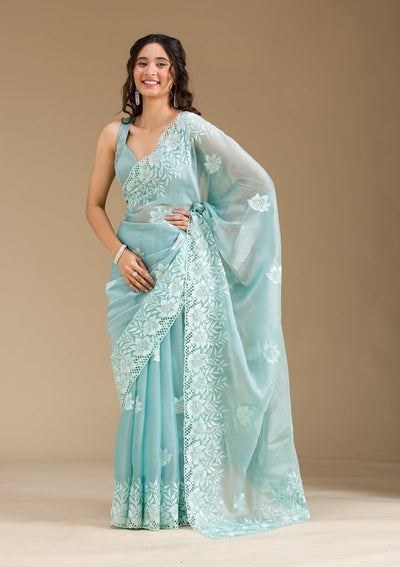 Sea Green Stonework Tissue Saree-Koskii