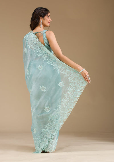 Sea Green Stonework Tissue Saree-Koskii