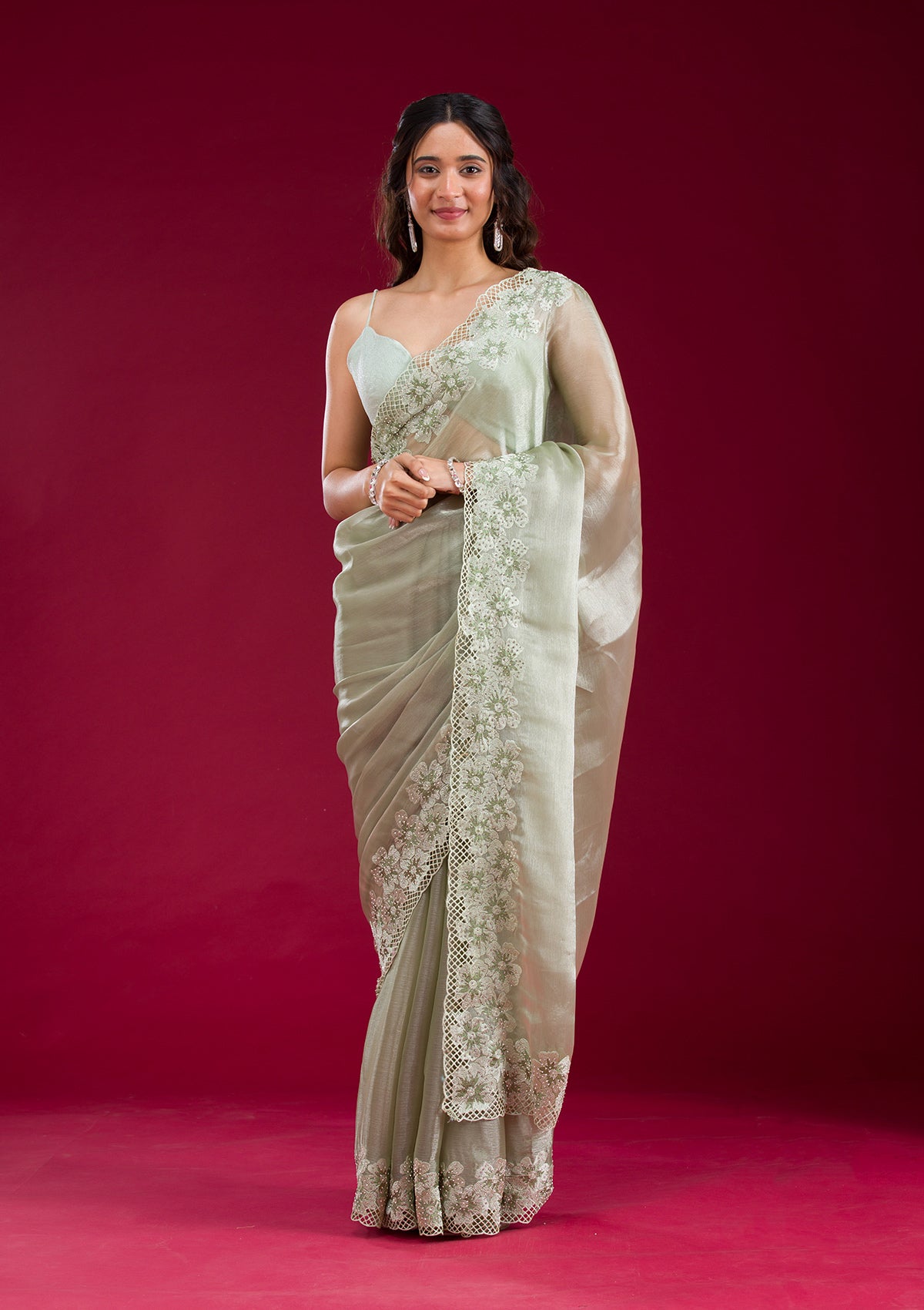 Pista Green Stonework Tissue Saree-Koskii