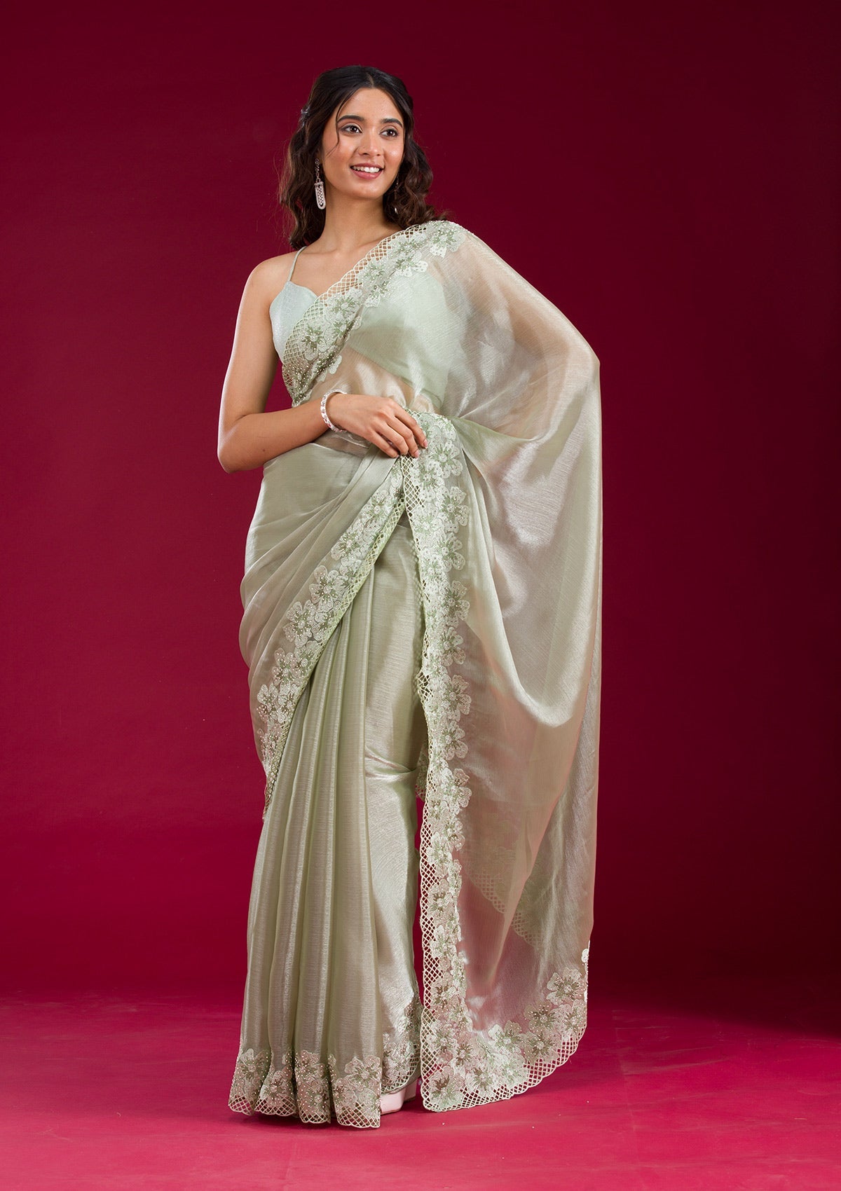 Pista Green Stonework Tissue Saree-Koskii