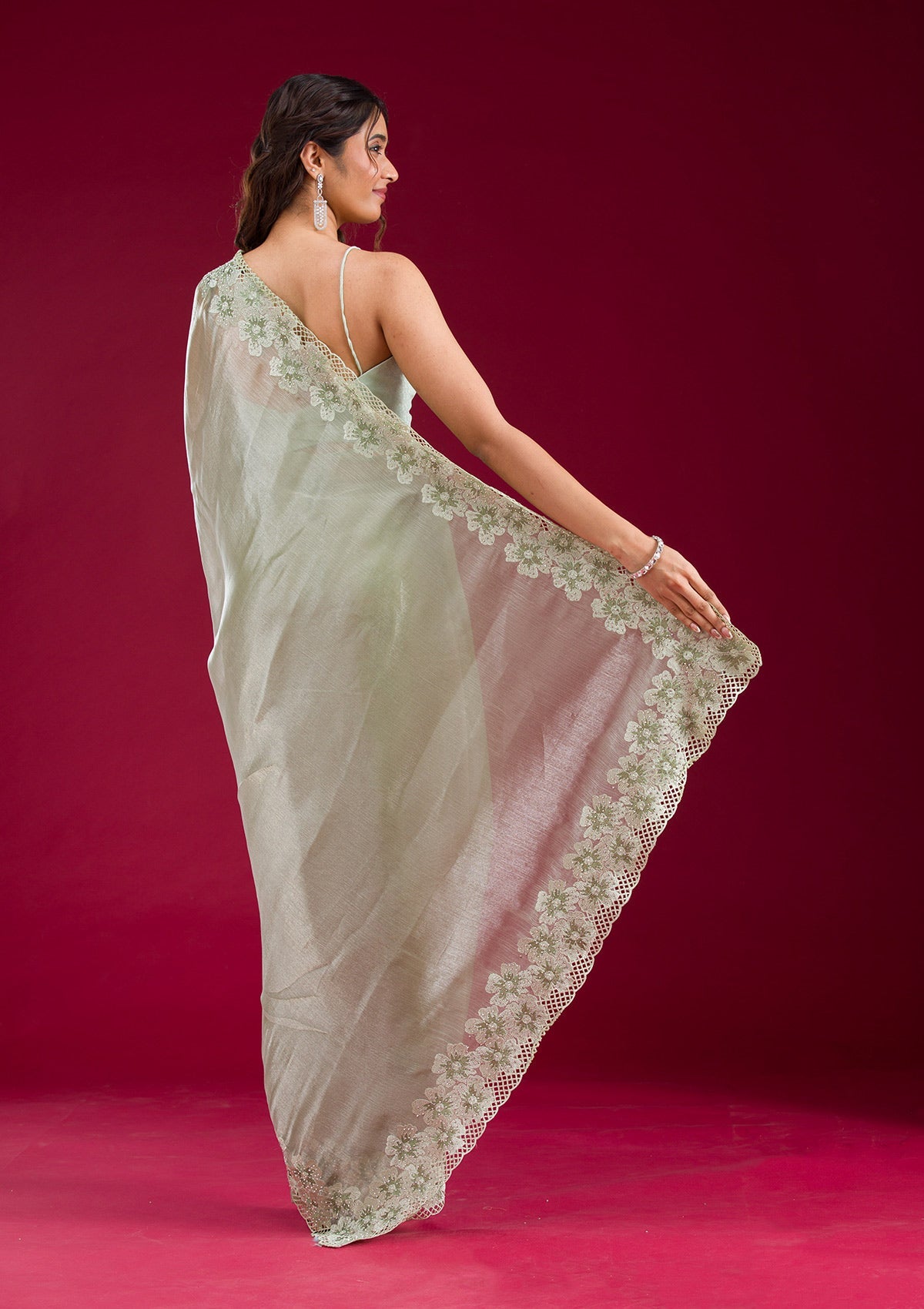 Pista Green Stonework Tissue Saree-Koskii