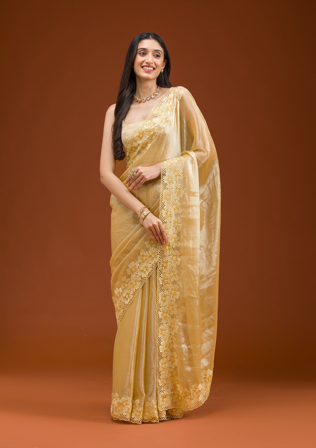 Yellow Stonework Tissue Saree-Koskii