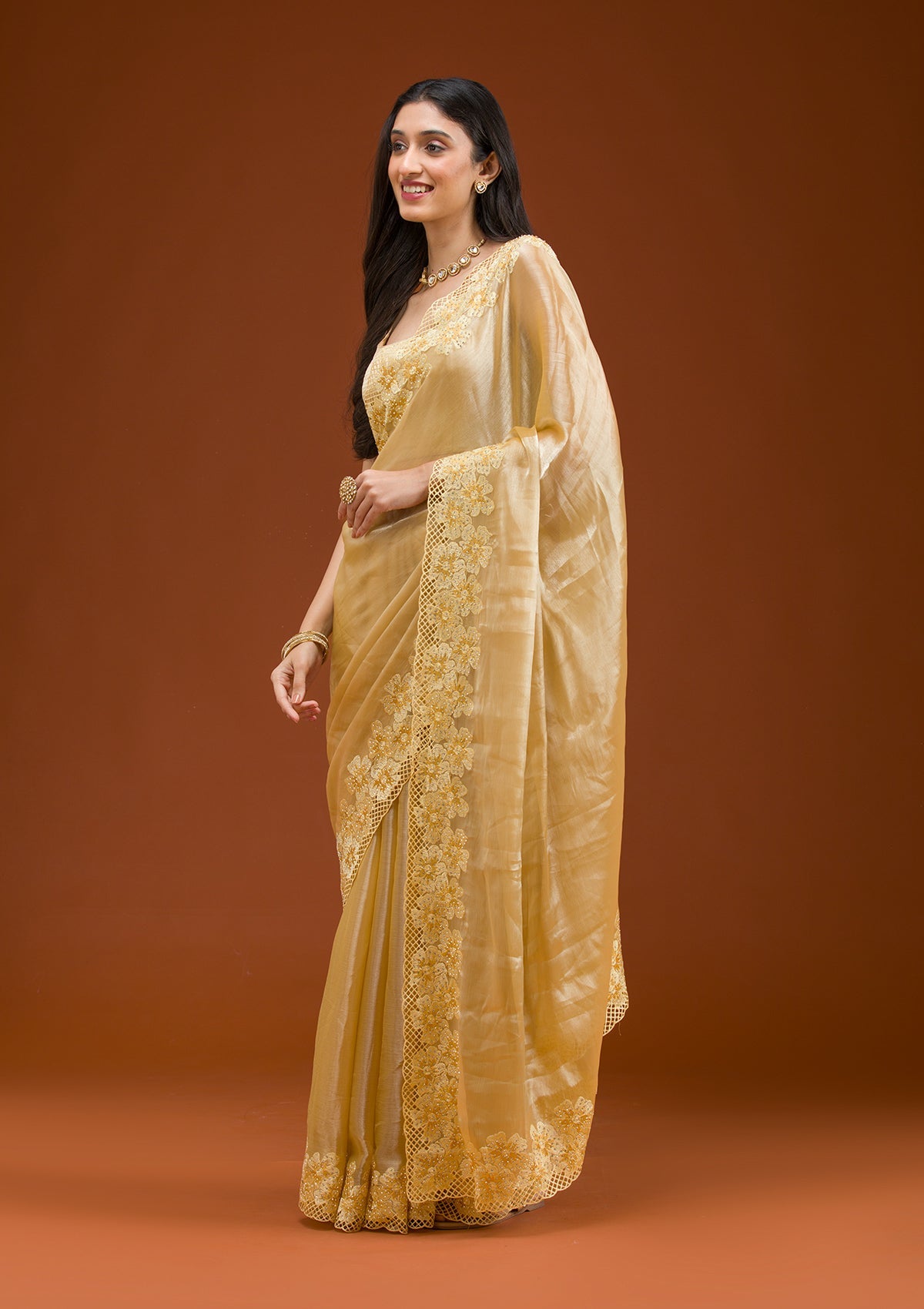 Yellow Stonework Tissue Saree-Koskii