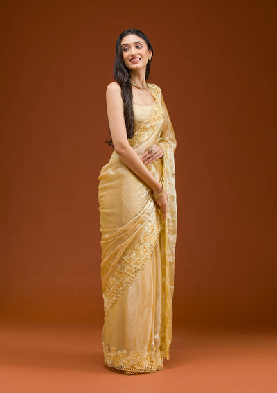 Yellow Stonework Tissue Saree-Koskii