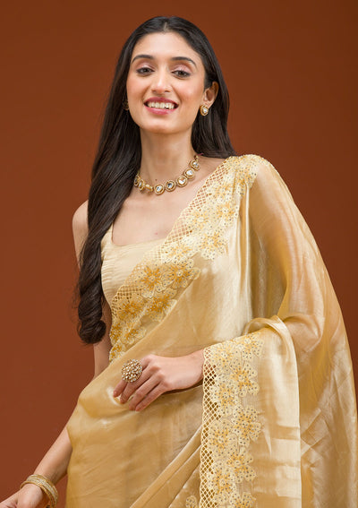 Yellow Stonework Tissue Saree-Koskii