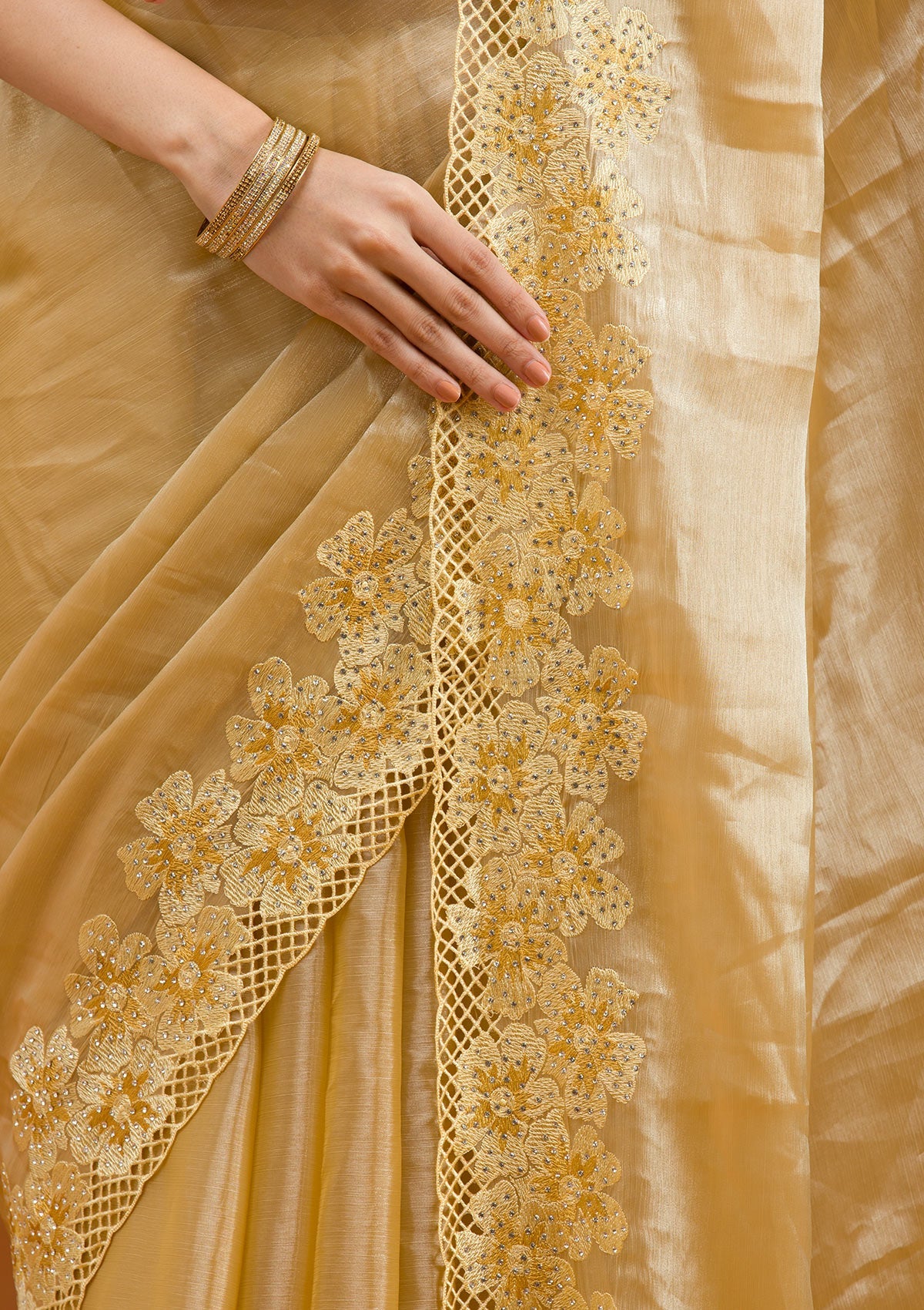 Yellow Stonework Tissue Saree-Koskii