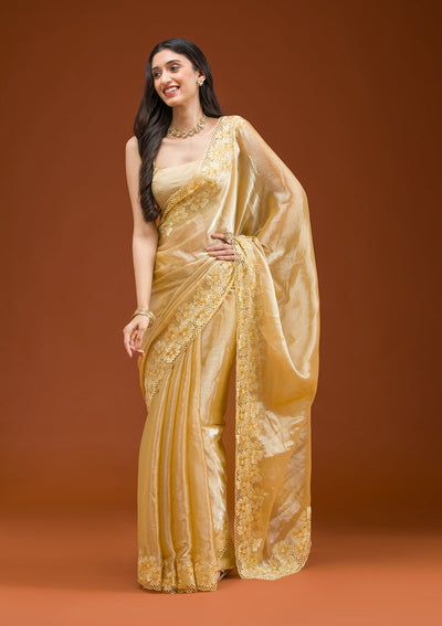 Yellow Stonework Tissue Saree-Koskii