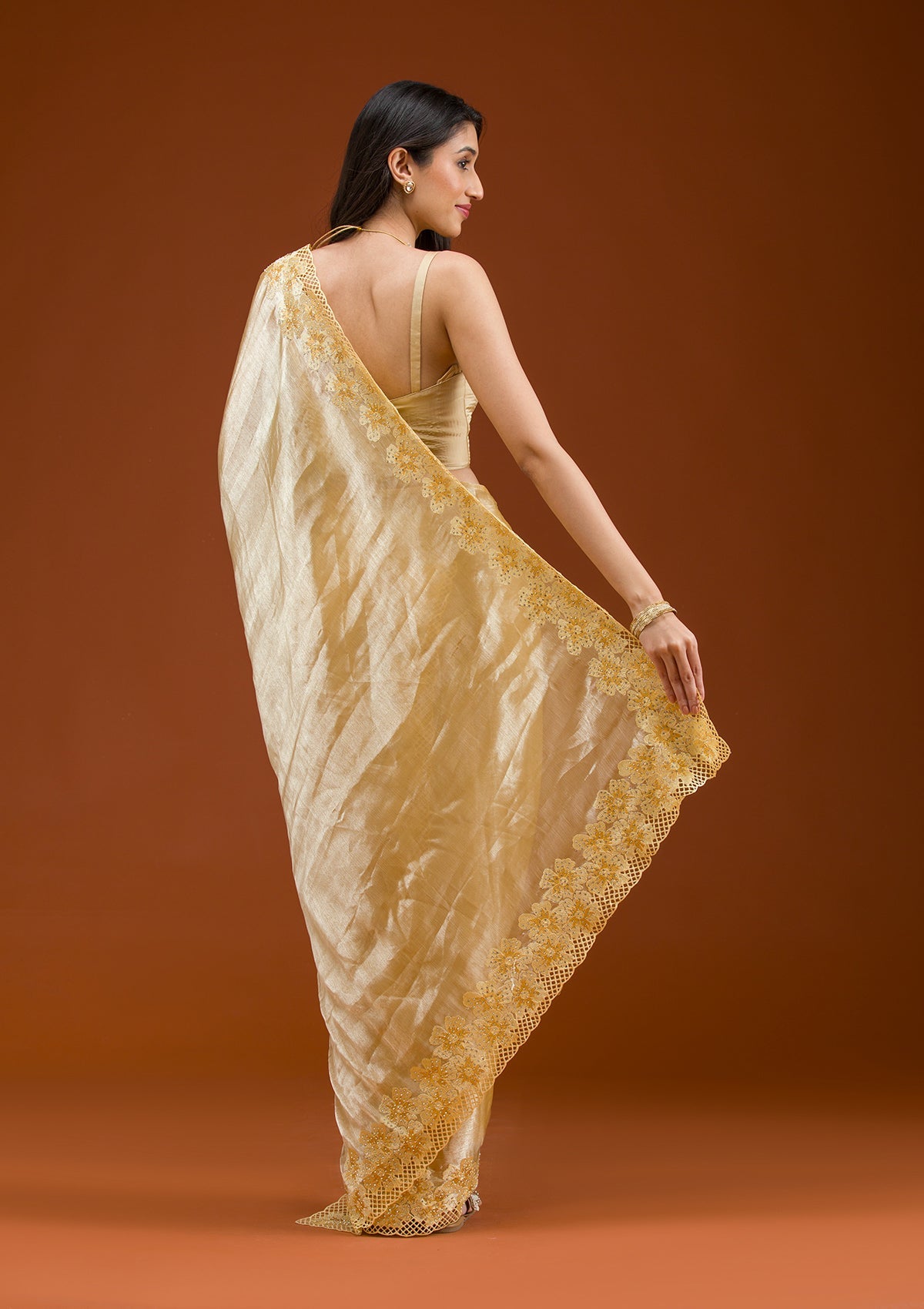 Yellow Stonework Tissue Saree-Koskii