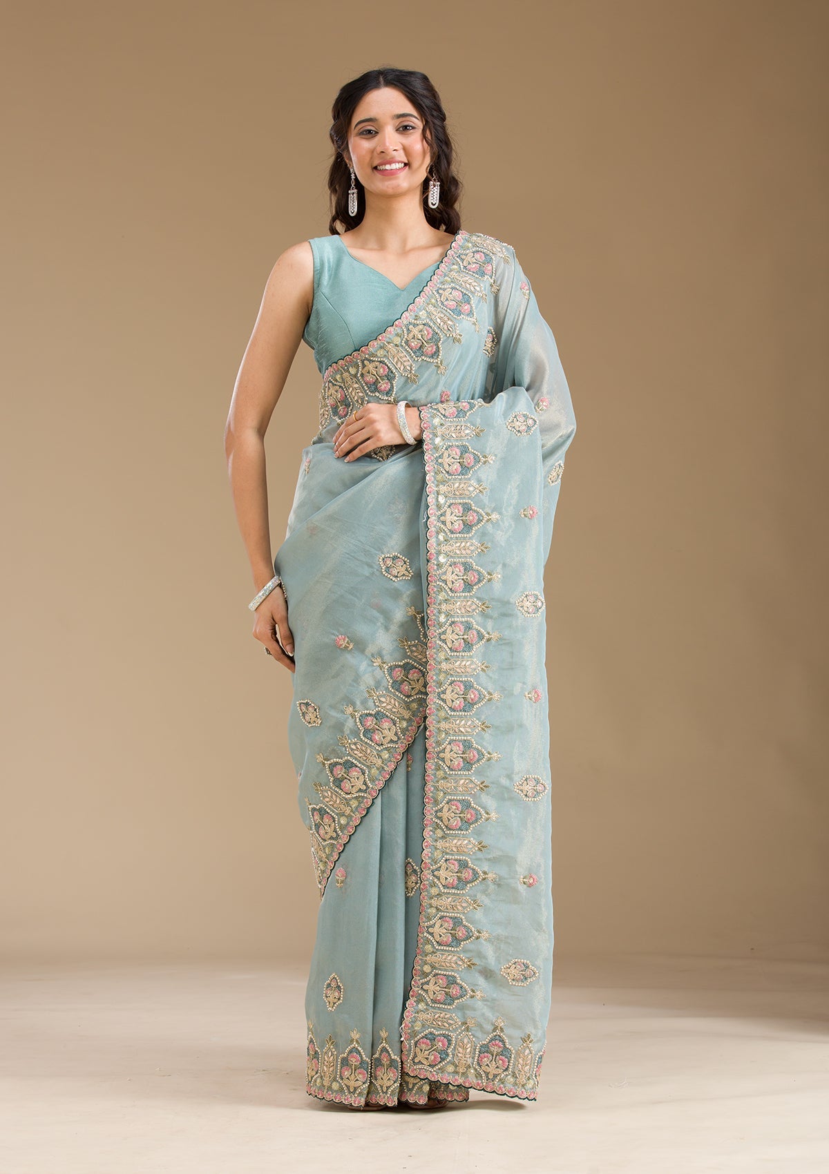 Grey Pearlwork Tissue Saree-Koskii