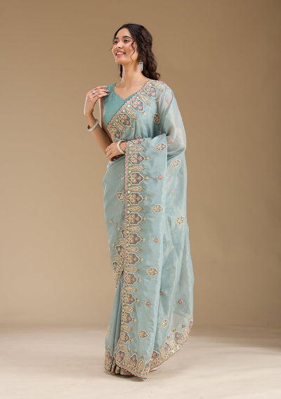 Grey Pearlwork Tissue Saree-Koskii