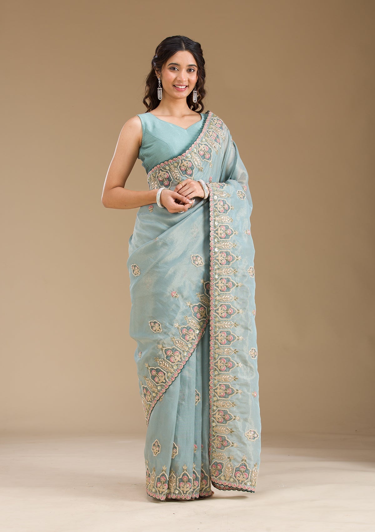 Grey Pearlwork Tissue Saree-Koskii