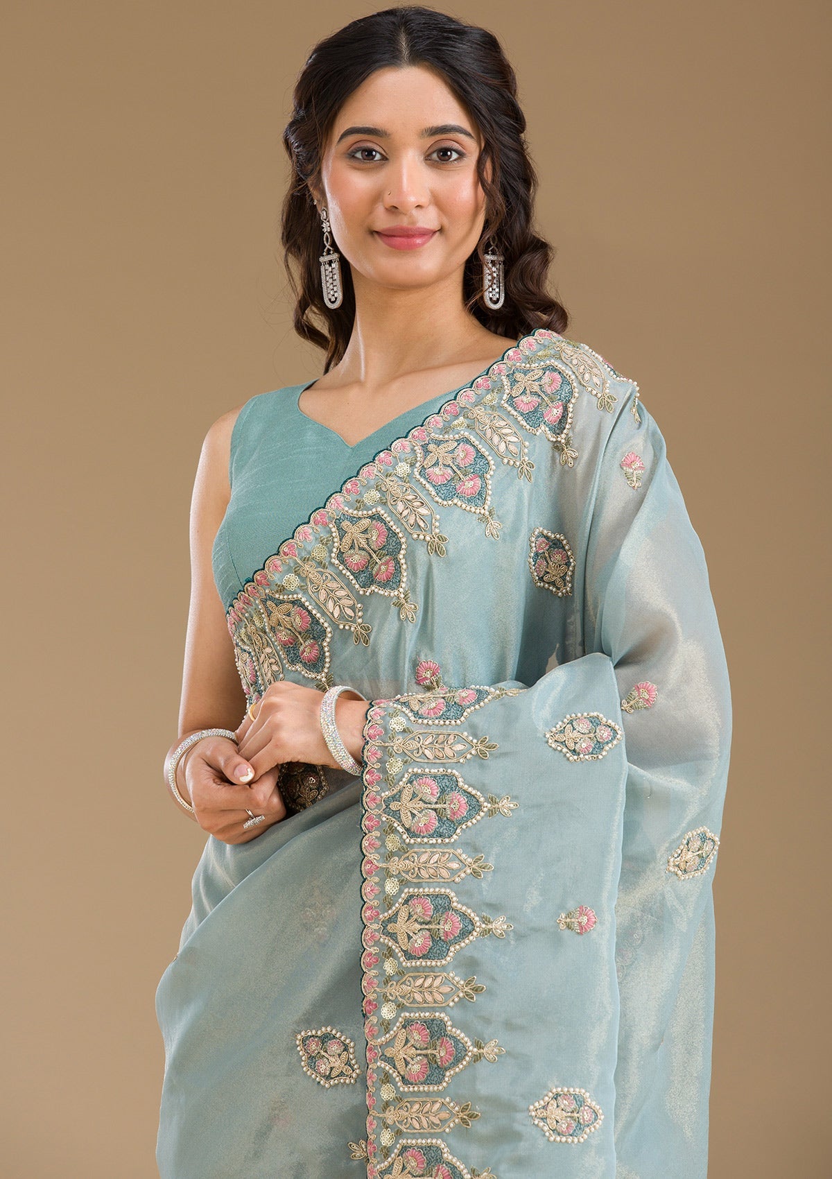 Grey Pearlwork Tissue Saree-Koskii