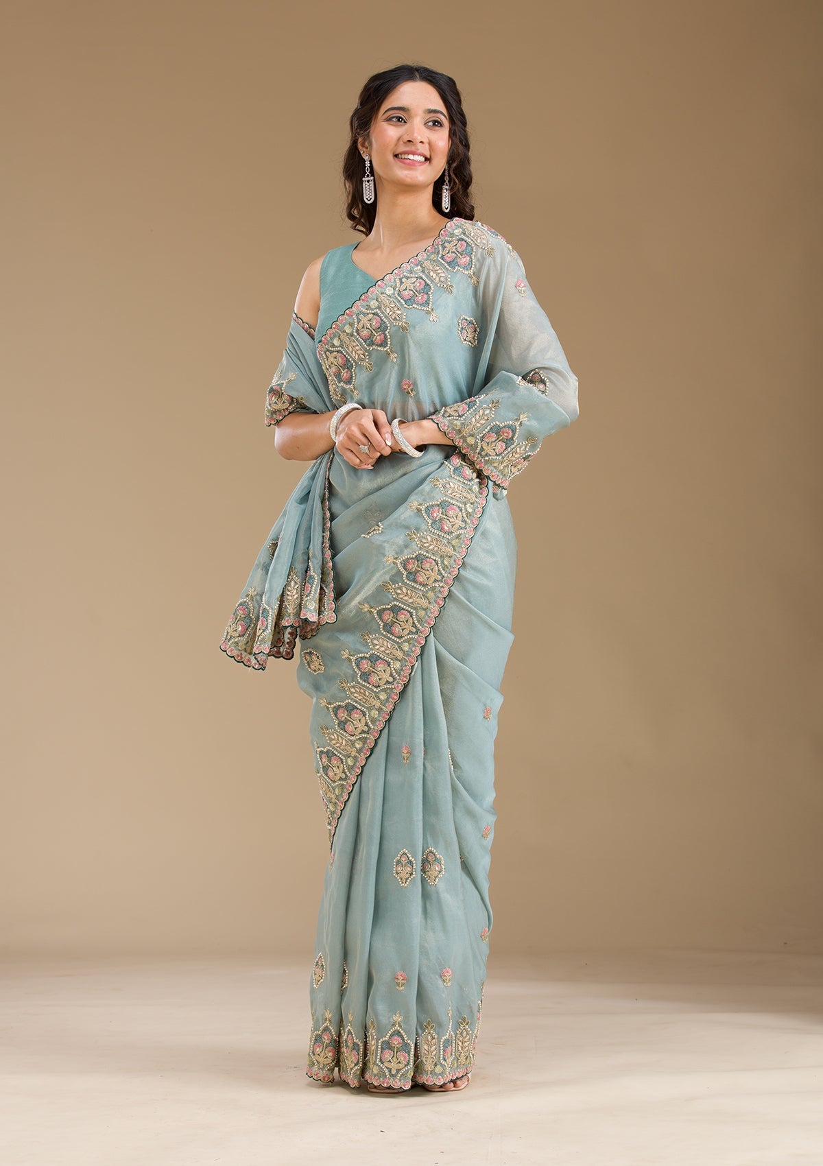 Grey Pearlwork Tissue Saree-Koskii