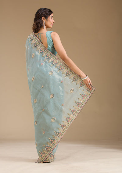 Grey Pearlwork Tissue Saree-Koskii