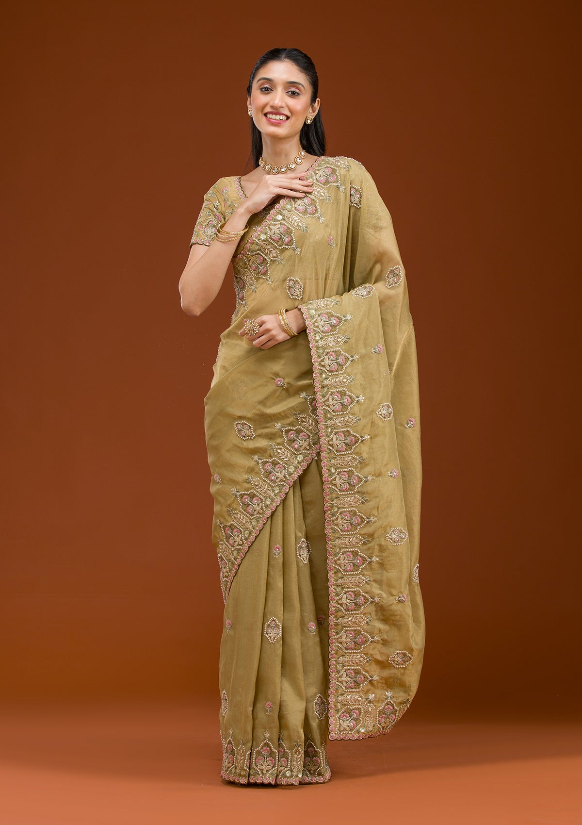 Mehendi Pearlwork Tissue Saree-Koskii