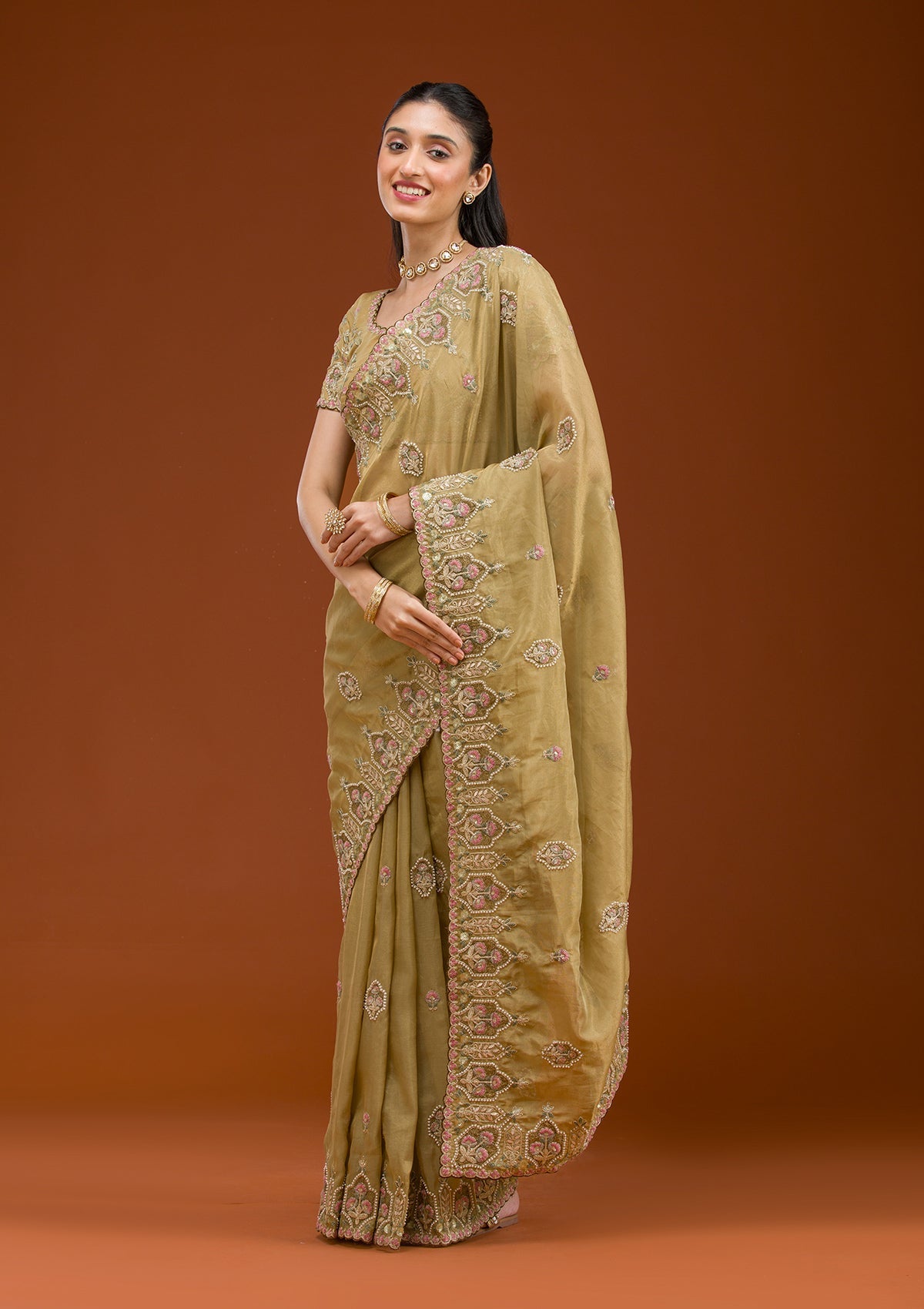 Mehendi Pearlwork Tissue Saree-Koskii