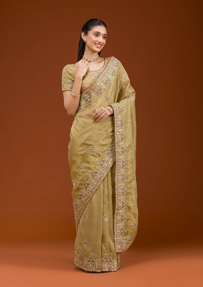 Mehendi Pearlwork Tissue Saree-Koskii