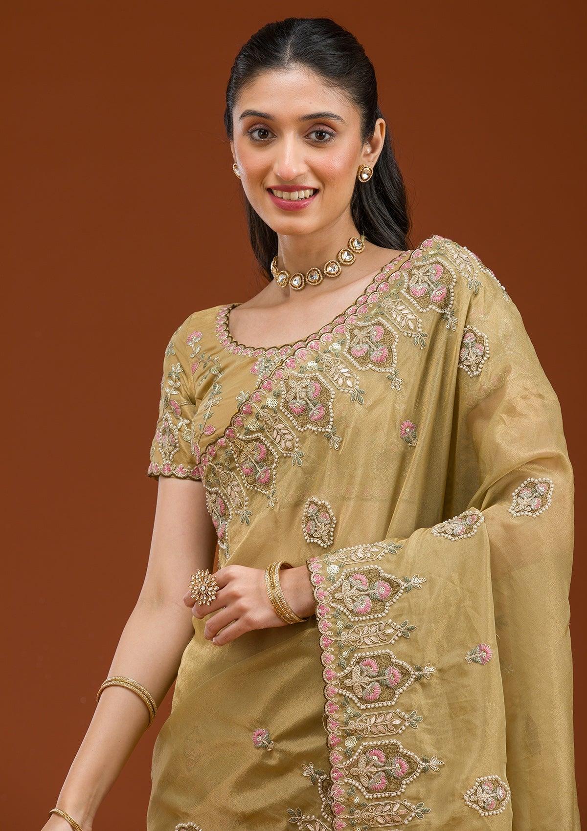 Mehendi Pearlwork Tissue Saree-Koskii