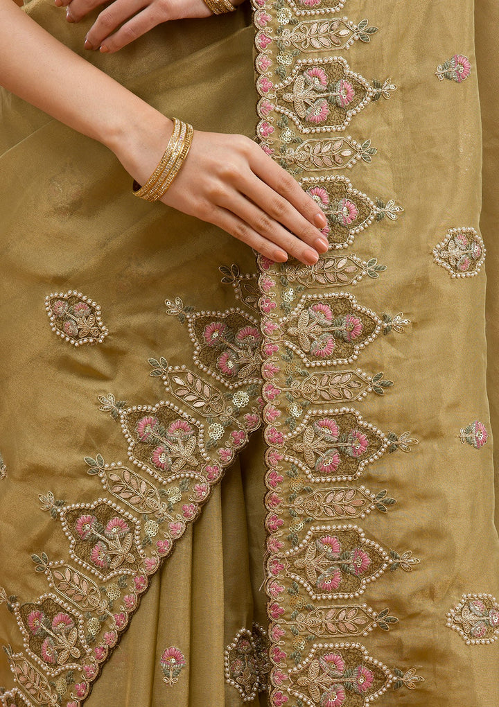 Mehendi Pearlwork Tissue Saree-Koskii