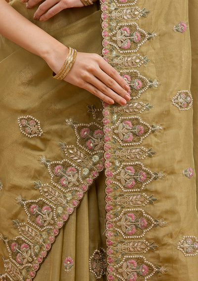 Mehendi Pearlwork Tissue Saree-Koskii