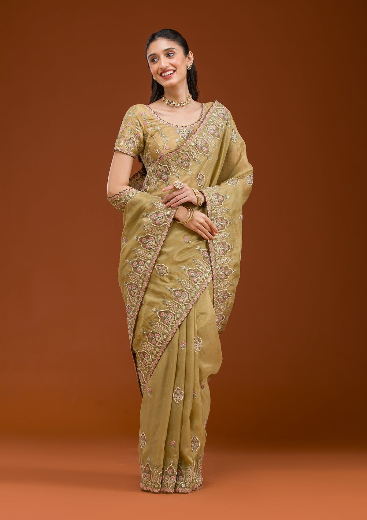 Mehendi Pearlwork Tissue Saree-Koskii