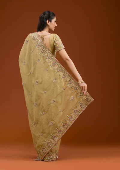 Mehendi Pearlwork Tissue Saree-Koskii