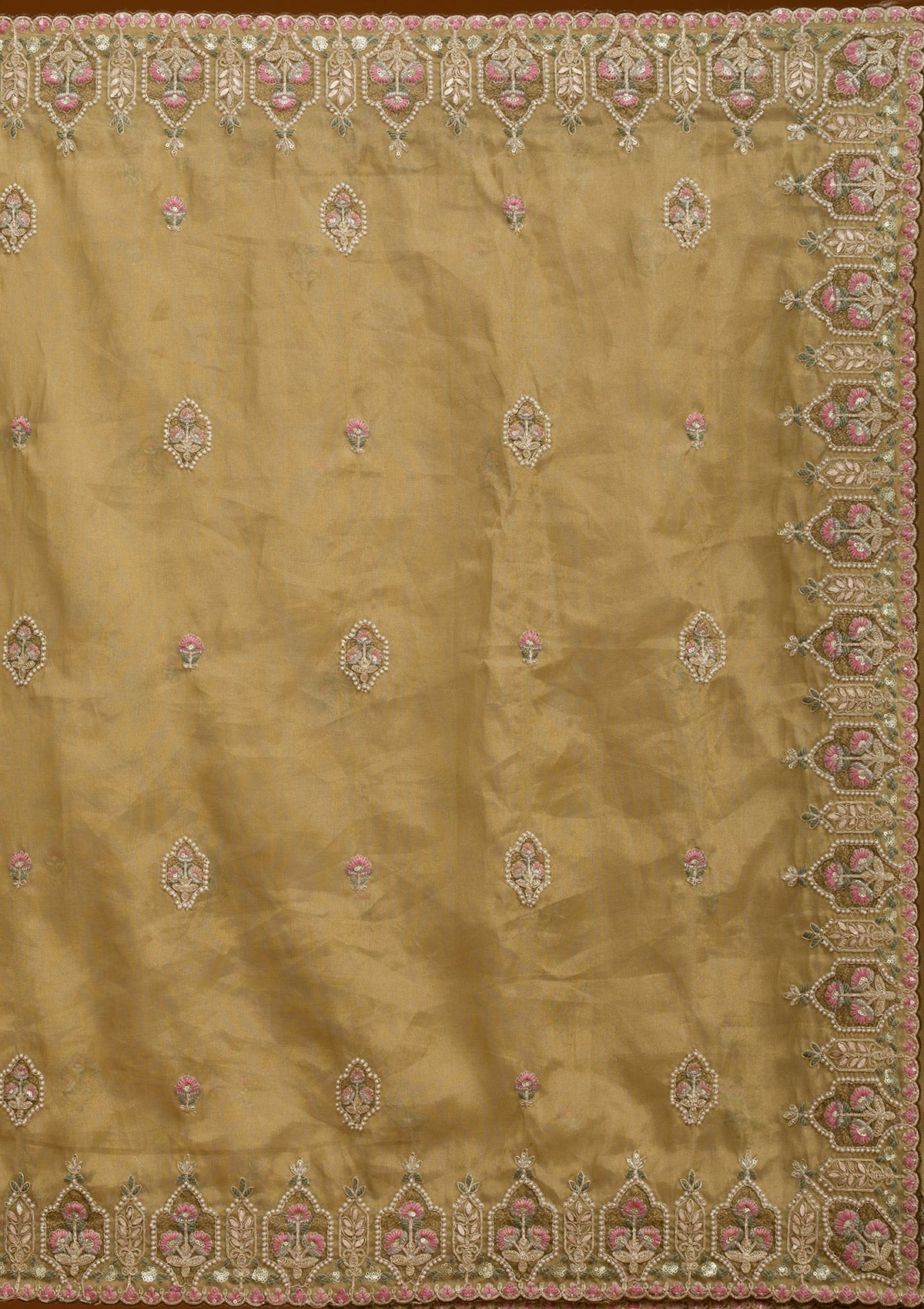 Mehendi Pearlwork Tissue Saree-Koskii