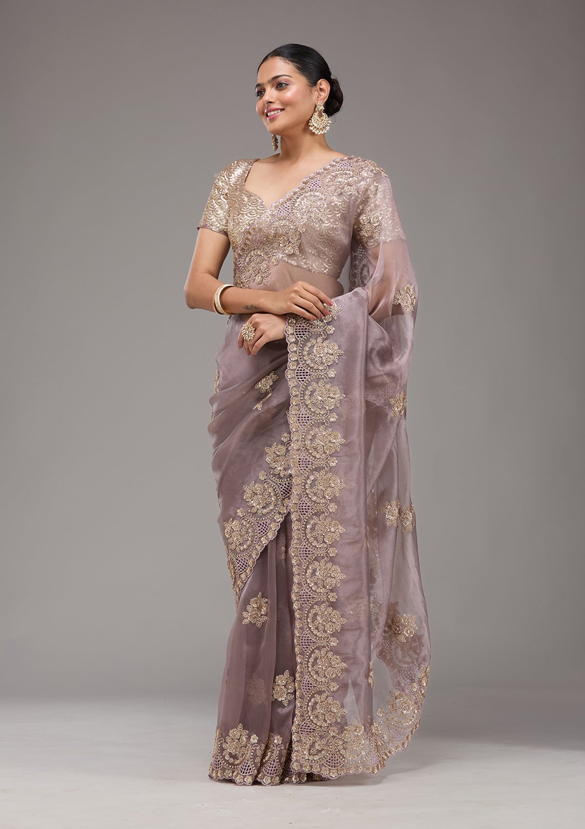 Lavender Sequins Tissue Saree-Koskii