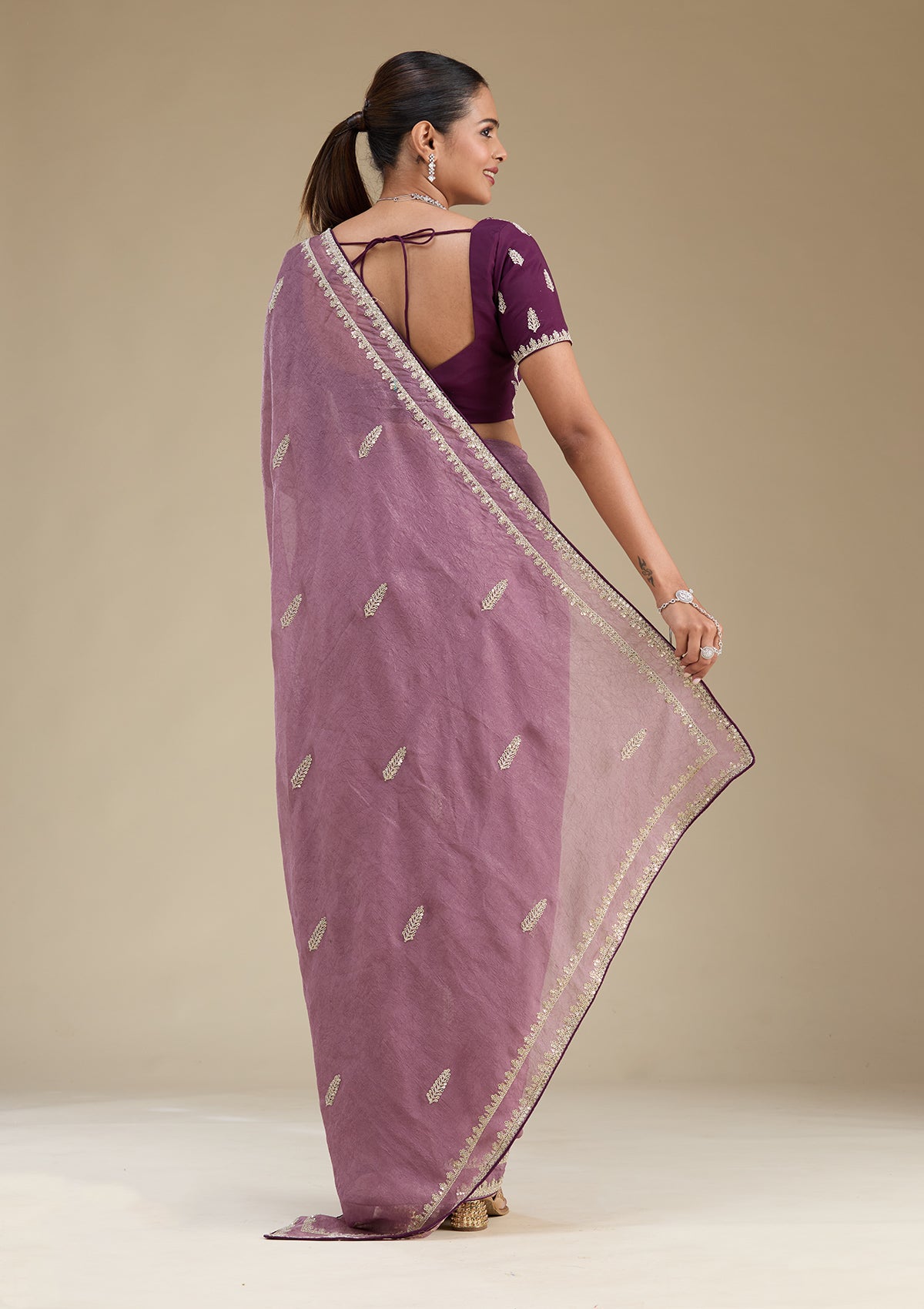 Off White Zariwork Art Silk Saree-Koskii