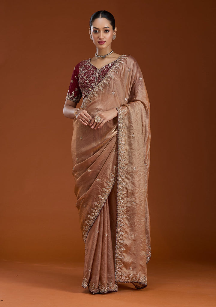 Copper Sequins Tissue Saree-Koskii