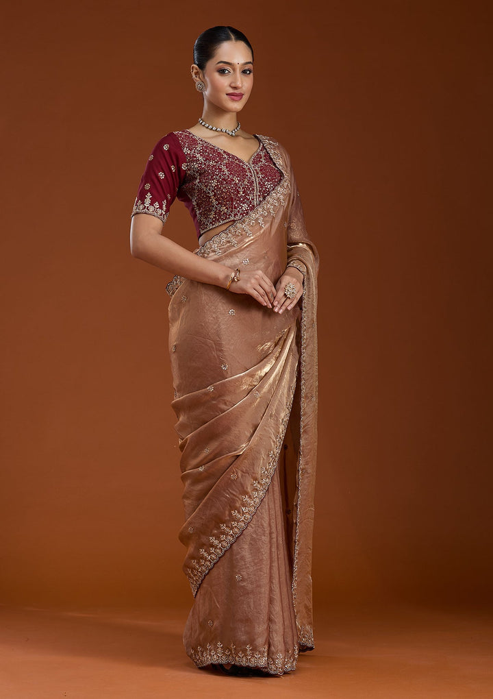 Copper Sequins Tissue Saree-Koskii