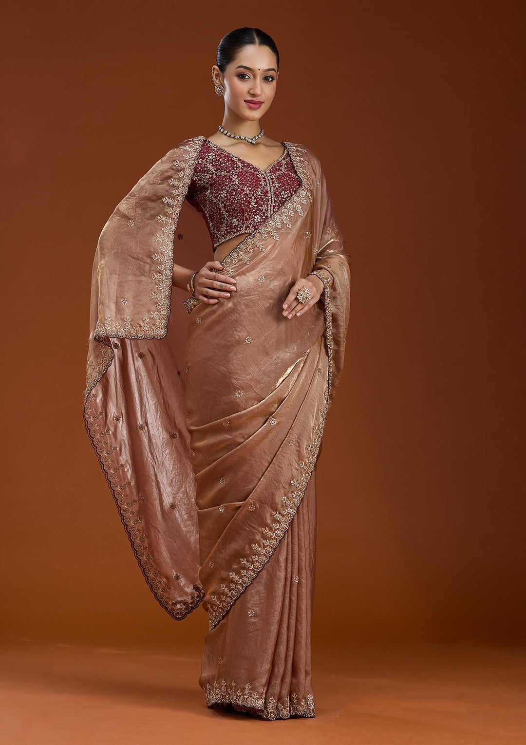 Copper Sequins Tissue Saree-Koskii