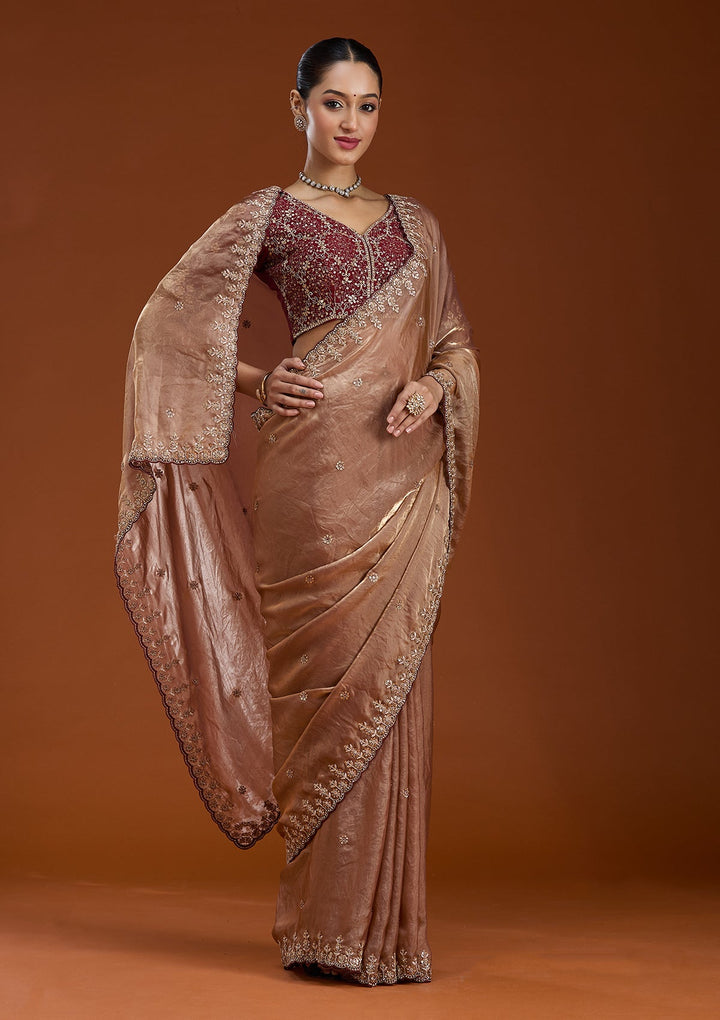 Copper Sequins Tissue Saree-Koskii