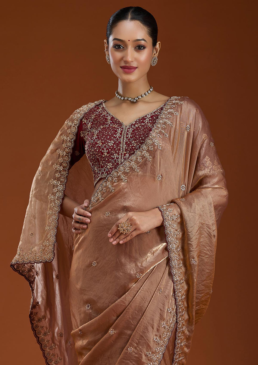Copper Sequins Tissue Saree-Koskii