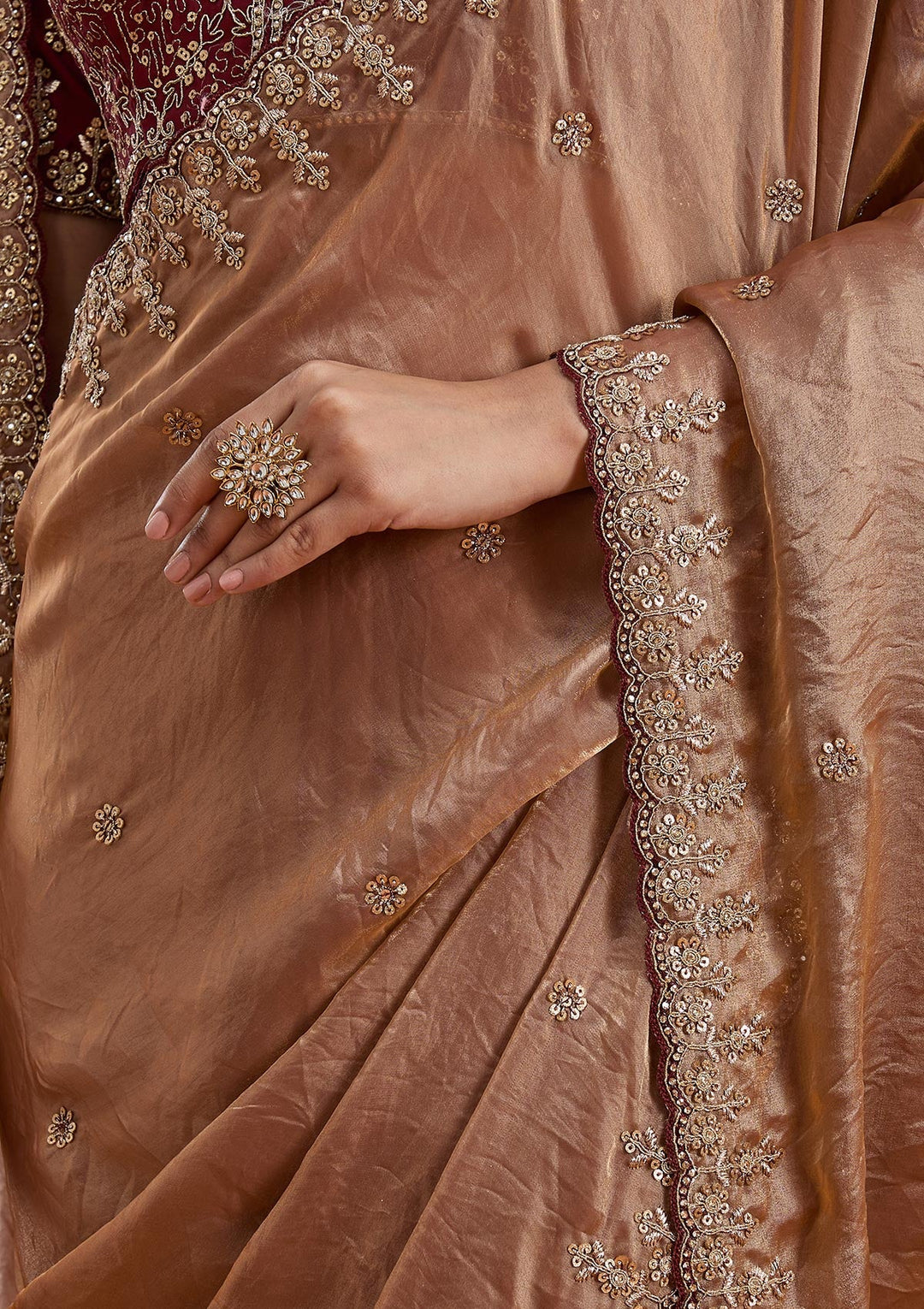 Copper Sequins Tissue Saree-Koskii
