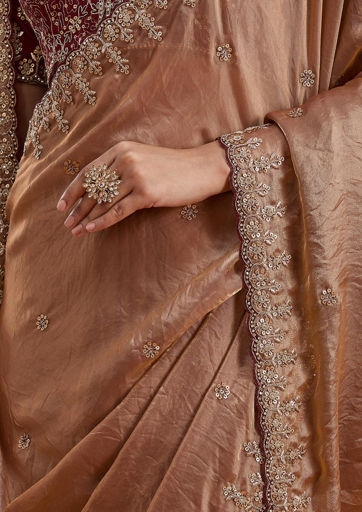 Copper Sequins Tissue Saree-Koskii