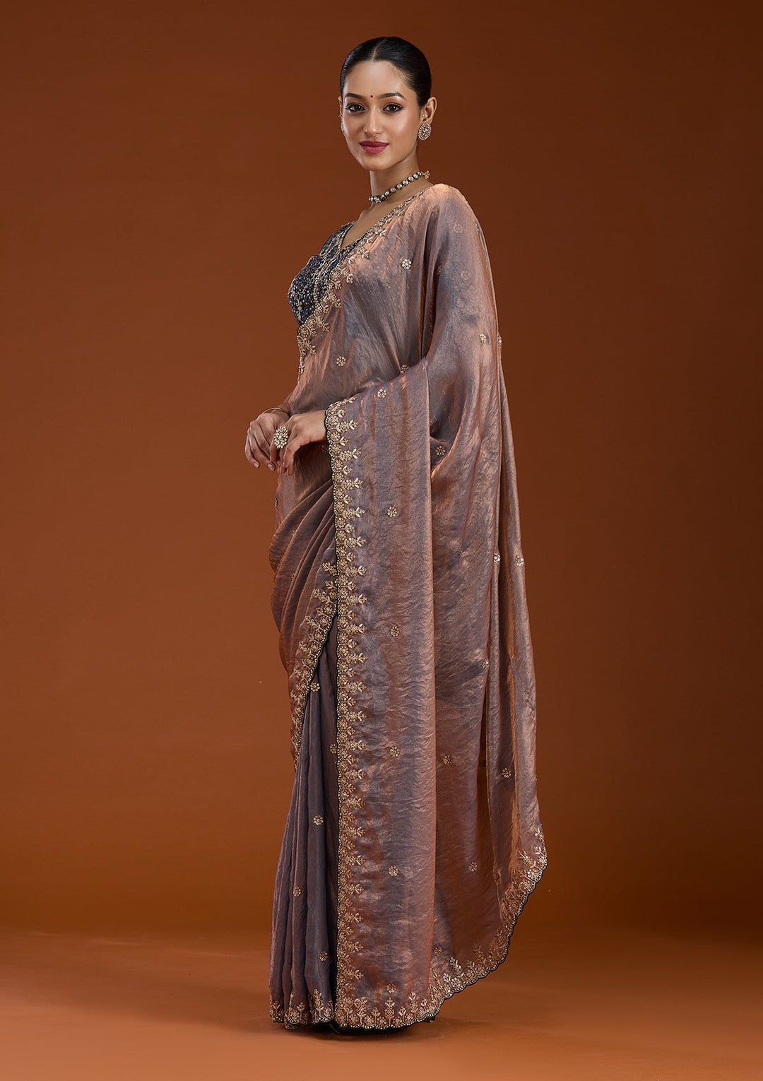 Grey Sequins Tissue Saree-Koskii