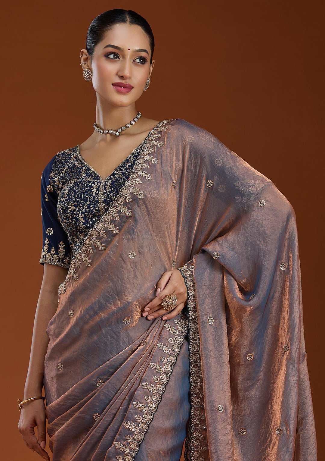 Grey Sequins Tissue Saree-Koskii