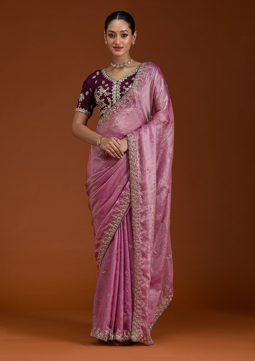 Onion Pink Sequins Tissue Saree-Koskii