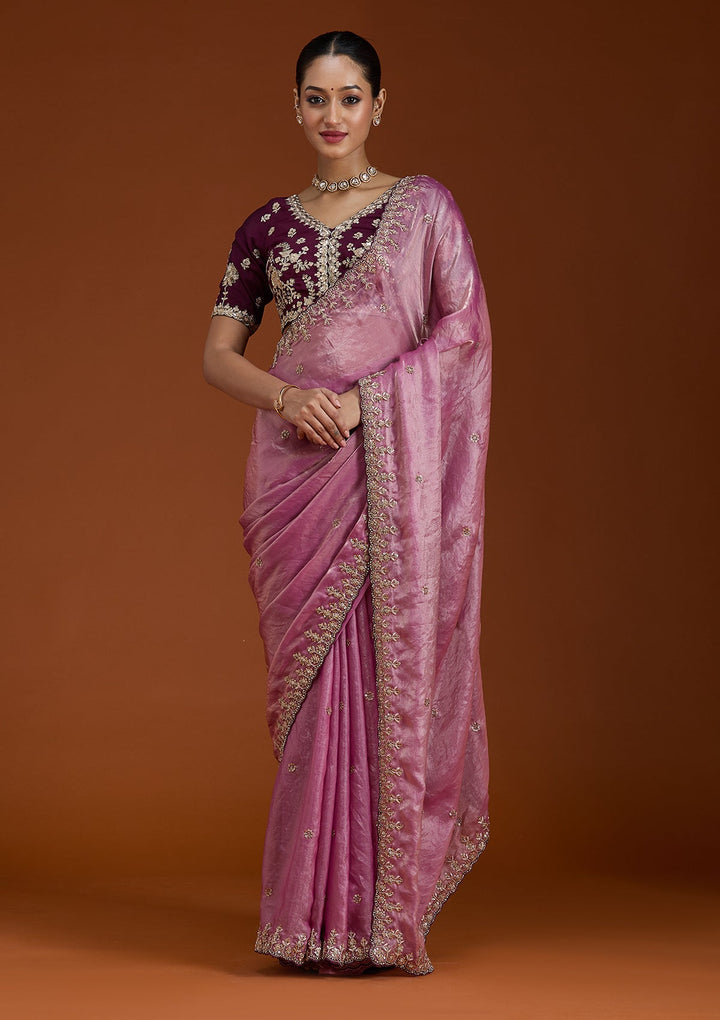 Onion Pink Sequins Tissue Saree-Koskii