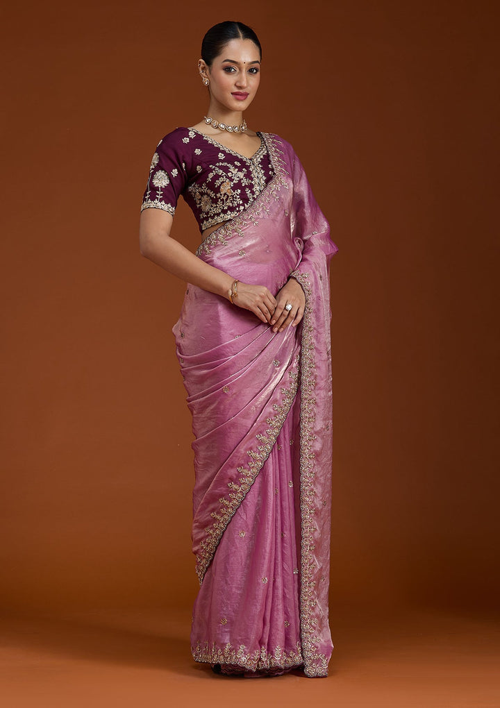 Onion Pink Sequins Tissue Saree-Koskii