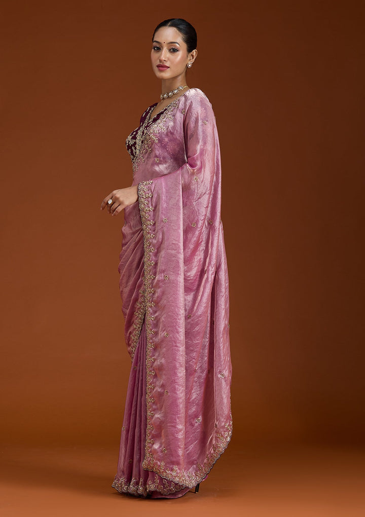 Onion Pink Sequins Tissue Saree-Koskii