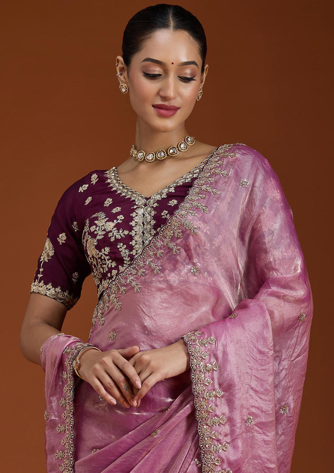 Onion Pink Sequins Tissue Saree-Koskii