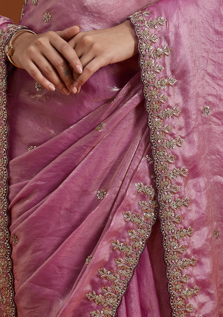 Onion Pink Sequins Tissue Saree-Koskii