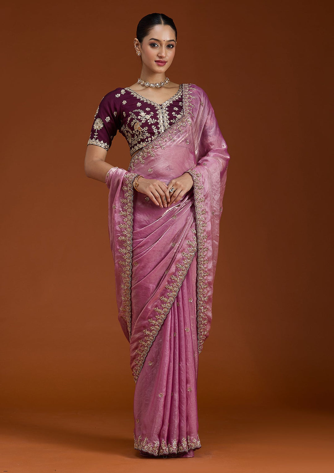 Onion Pink Sequins Tissue Saree-Koskii