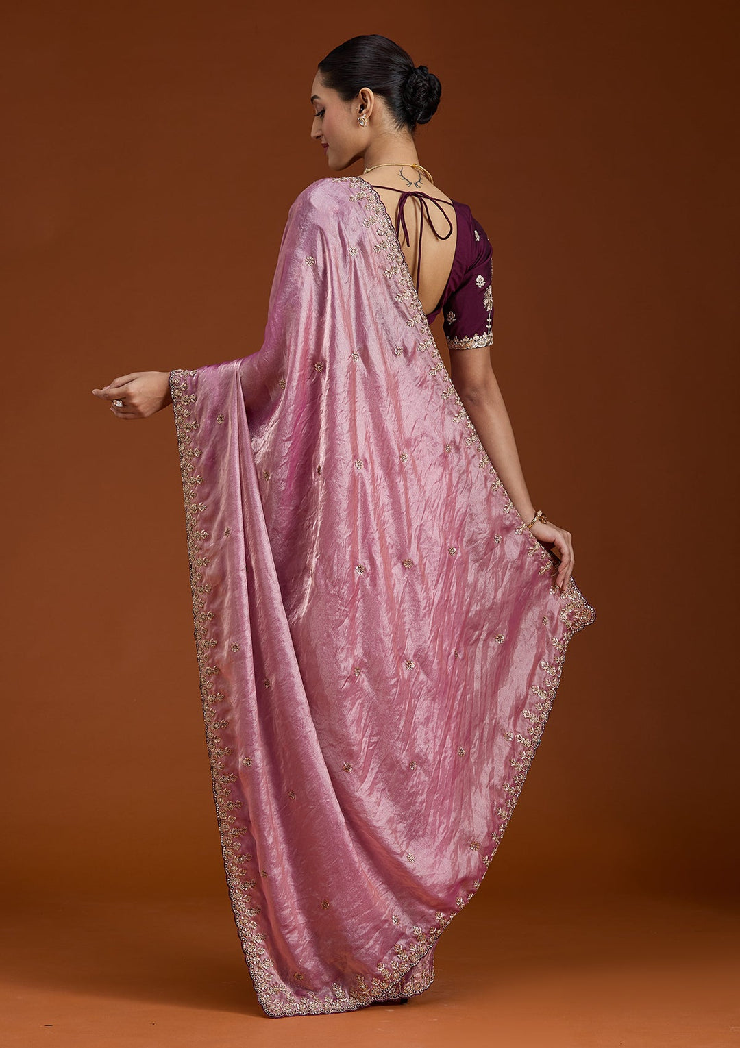 Onion Pink Sequins Tissue Saree-Koskii